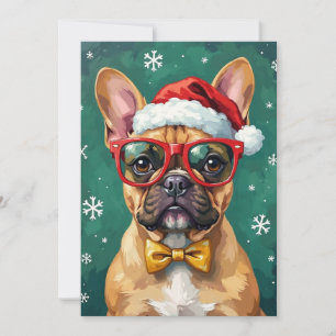 Tarjeta Festiva Bulldog Francés Hipster Santa Gafas Moderno 