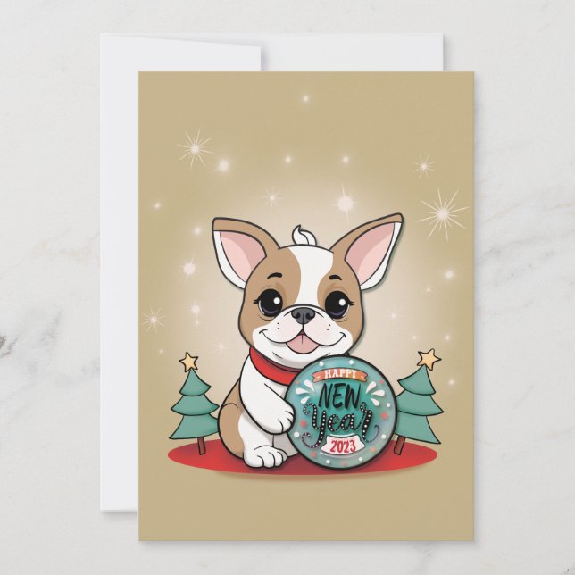 Tarjeta Festiva Bulldog francés lindo Feliz Año Nuevo (Anverso)