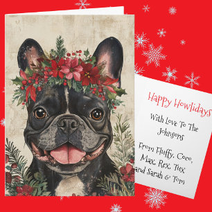Tarjeta Festiva Bulldog Francés Negro Personalizado Corona Floral