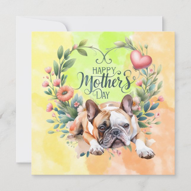Tarjeta Festiva Bulldog francés por el Día de la Madre con flores