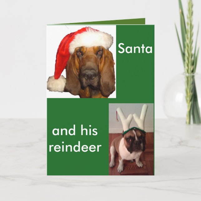 Tarjeta Festiva Bulldog francés Santa Bloodhound y Reindee (Anverso)