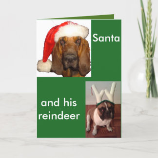 Tarjeta Festiva Bulldog francés Santa Bloodhound y Reindee