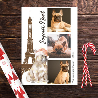 Tarjeta Festiva Bulldog francés Torre Eiffel Foto Navidades de Par