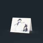 Tarjeta Festiva Bulldog francés y arte de perro de Snowman Notecar<br><div class="desc">Esta tarjeta de nota muestra una reproducción de mi pintura acuarela original de un Bulldog francés y Snowman.</div>