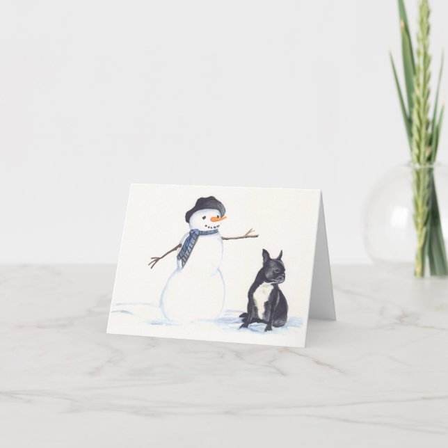 Tarjeta Festiva Bulldog francés y arte de perro de Snowman Notecar (Anverso)