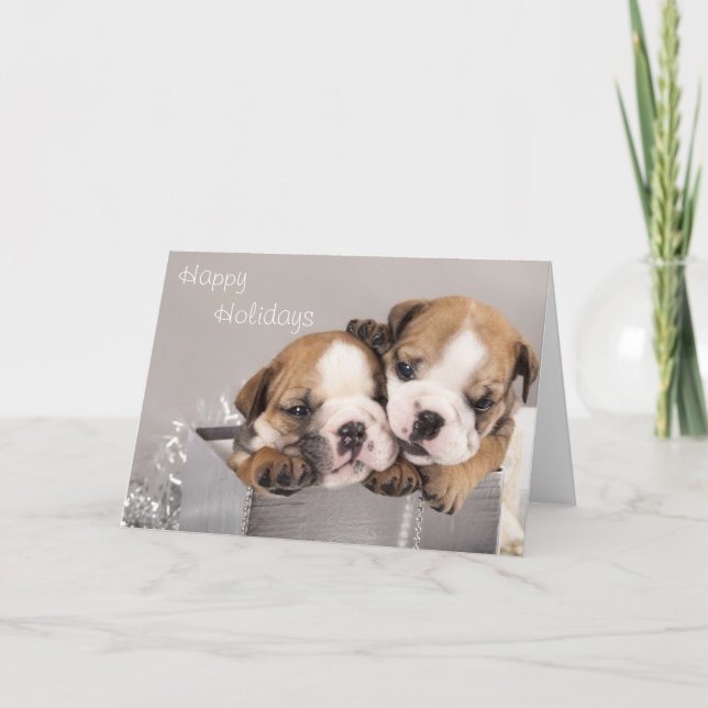 Tarjeta Festiva Bulldog inglés cachorro y regalos (Anverso)