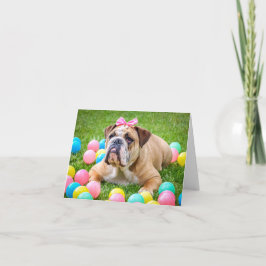 Tarjeta Festiva Bulldog inglés con el arco con los huevos de