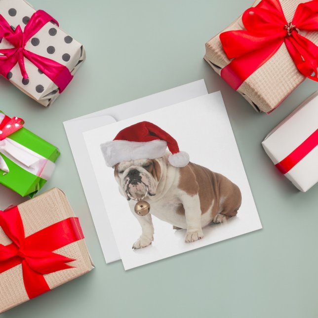 Tarjeta Festiva Bulldog inglés con sombrero Santa (Card on table)