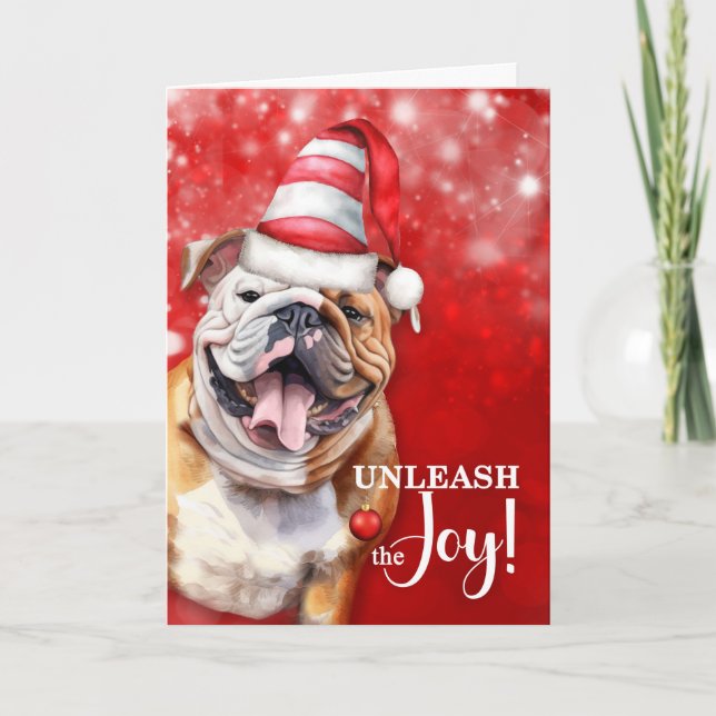 Tarjeta Festiva Bulldog inglés desata a los Navidades de la alegrí (Anverso)