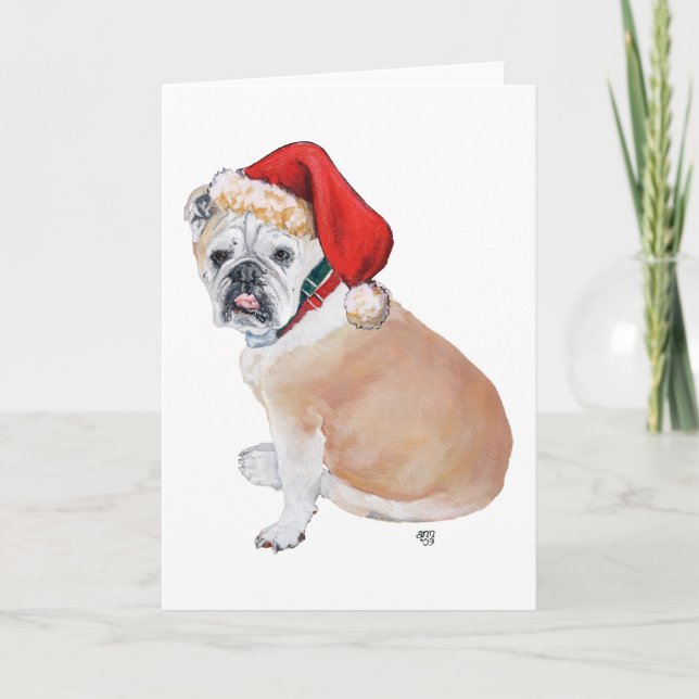 Tarjeta Festiva Bulldog inglés en Santa Hat (Anverso)