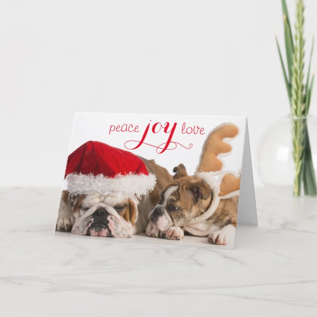 Tarjeta Festiva Bulldog inglés Santa y reno (Anverso)