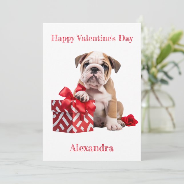 Tarjeta Festiva Bulldog personalizado con caja de regalo roja San  (Anverso de pie)