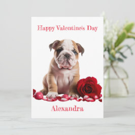 Tarjeta Festiva Bulldog personalizado con Rosa con Corazón Valenti