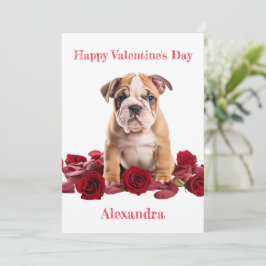 Tarjeta Festiva Bulldog personalizado con Rosas Rojas Valentine