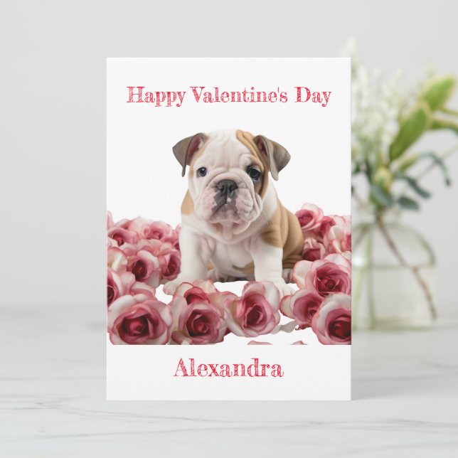 Tarjeta Festiva Bulldog personalizado con rosas rosadas Valentine (Anverso de pie)