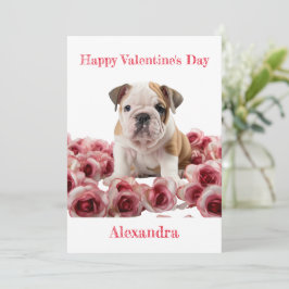 Tarjeta Festiva Bulldog personalizado con rosas rosadas Valentine
