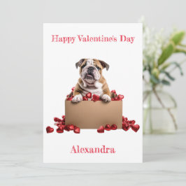 Tarjeta Festiva Bulldog personalizado en caja con Hearts Valentine
