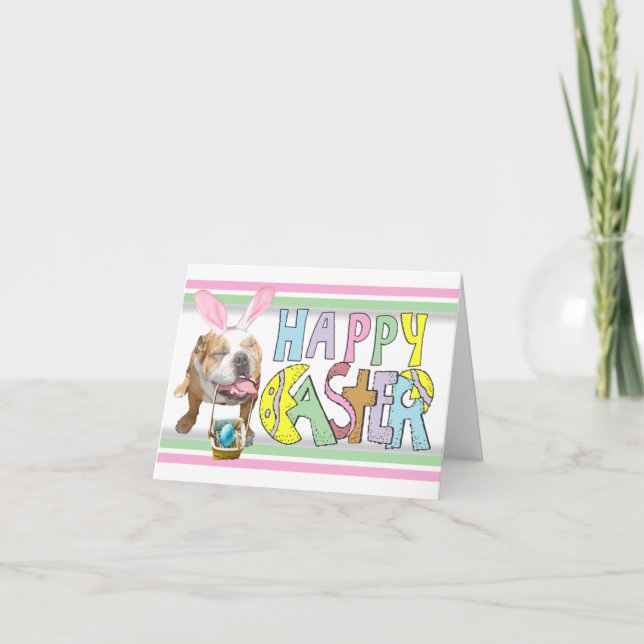 Tarjeta Festiva Bulldog sonriente de Pascua (Anverso)