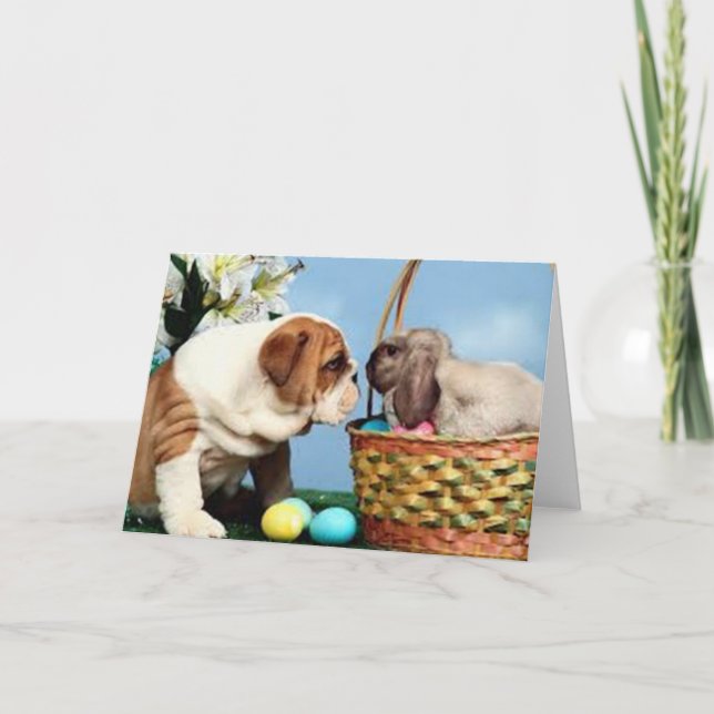 Tarjeta Festiva Bulldog y conejo de Pascua (Anverso)