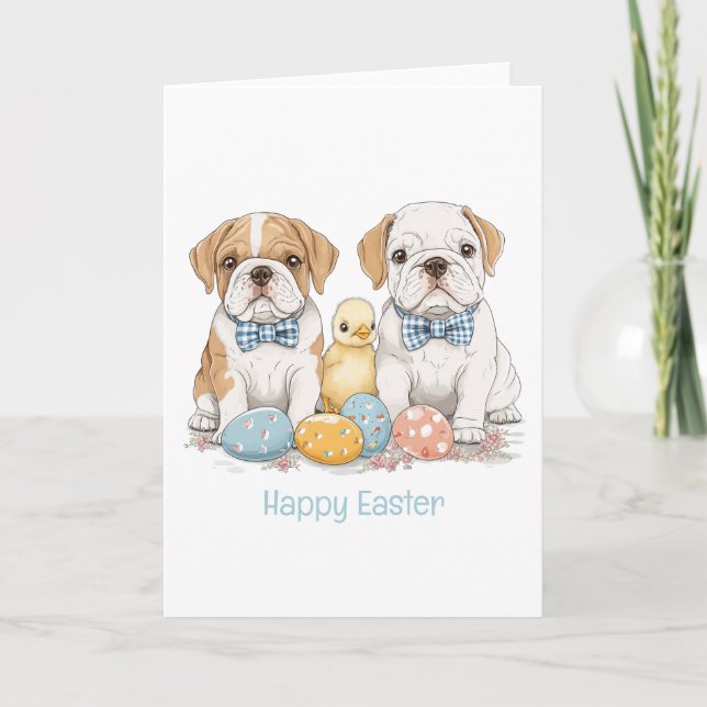 Tarjeta Festiva Bulldoges felices en inglés de Pascua (Anverso)