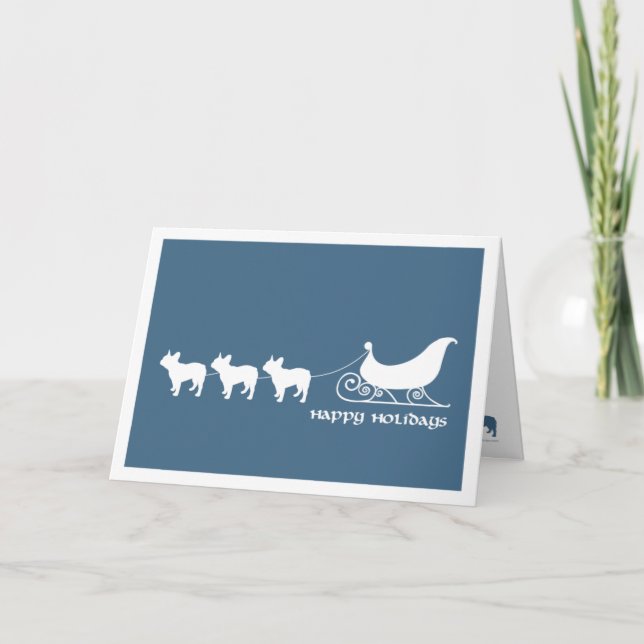 Tarjeta Festiva Bulldoges franceses sacando el Sleigh de Santa (Anverso)