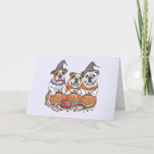 Tarjeta Festiva Bulldogs ingleses de Halloween Calabaza