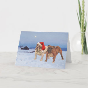 Tarjeta Festiva Bulldogs Ingleses en una Noche Invernal Crujiente