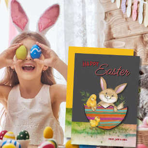 Tarjeta Festiva Bungalow de Pascua con pollitas amarillo gris