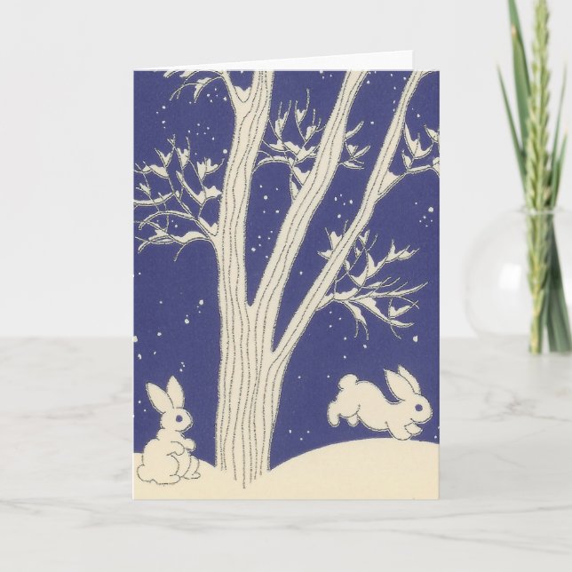 Tarjeta Festiva Bunnies blancos azules atrapados en la nieve (Anverso)