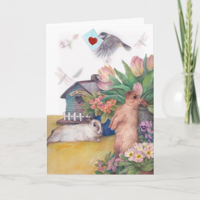Tarjeta Festiva Bunnies de Pascua con entrega especial de pollo (Anverso)