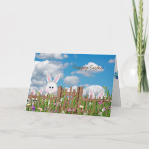 Tarjeta Festiva Bunnies de Pascua con valla de jardín