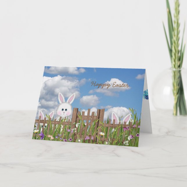 Tarjeta Festiva Bunnies de Pascua con valla de jardín (Anverso)