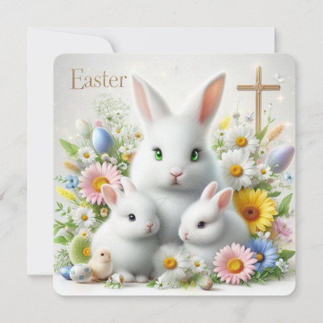 Tarjeta Festiva Bunnies de Pascua, Daisies, Flores y una cruz (Anverso)