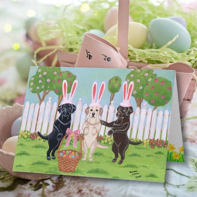 Tarjeta Festiva Bunnies de Pascua de Labrador (Labrador Easter Bunnies Greeting Card featuring three labs with Easter Bunny Ears.  Whimsical art.)