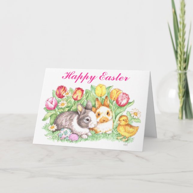 Tarjeta Festiva Bunnies de Pascua, Duckling y Tulips (Anverso)