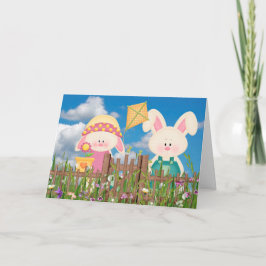 Tarjeta Festiva Bunnies de Pascua en el Jardín