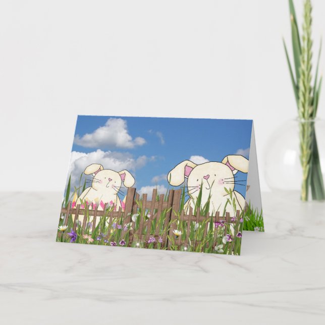 Tarjeta Festiva Bunnies de Pascua en el Jardín (Anverso)