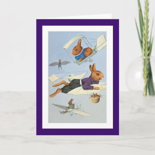 Tarjeta Festiva Bunnies de Pascua voladores - Conejo vintage de Pa