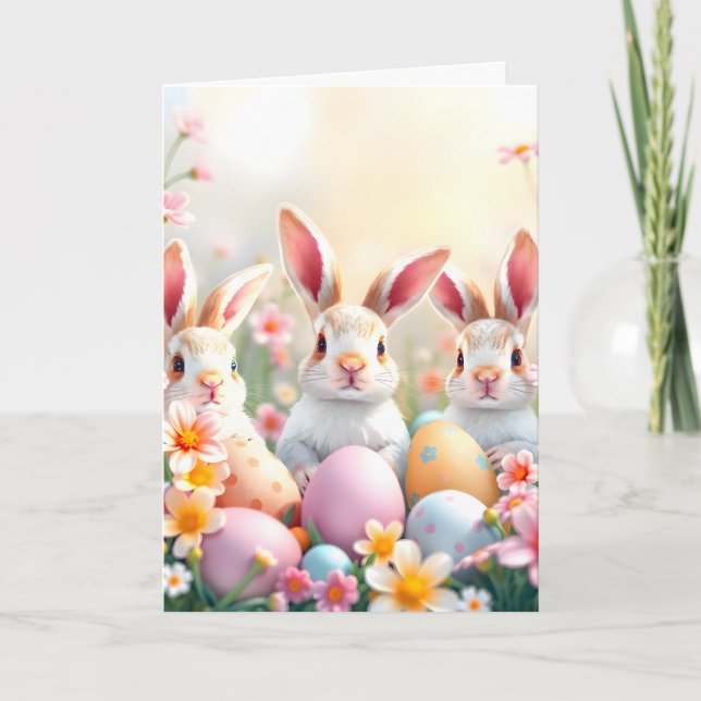 Tarjeta Festiva Bunnies de Pascua y huevos decorados (Anverso)