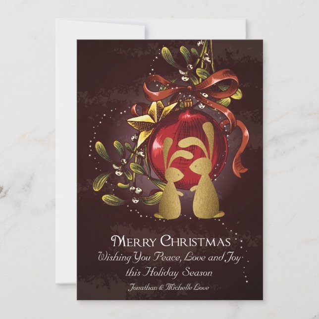 Tarjeta Festiva Bunnies dorados y Mistletoe Merry Christmas Flat (Anverso)