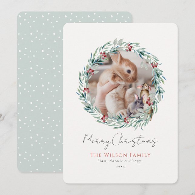 Tarjeta Festiva Bunnies Greenery Wreath Photo Navidades (Anverso / Reverso)