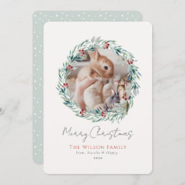 Tarjeta Festiva Bunnies Greenery Wreath Photo Navidades