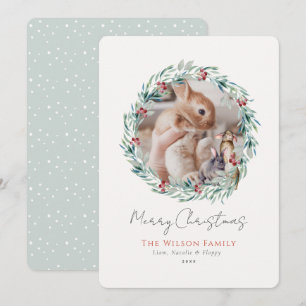 Tarjeta Festiva Bunnies Greenery Wreath Photo Navidades