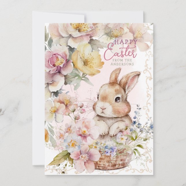 Tarjeta Festiva Bunny acuarela cúpula | Flores de primavera | Foto (Anverso)