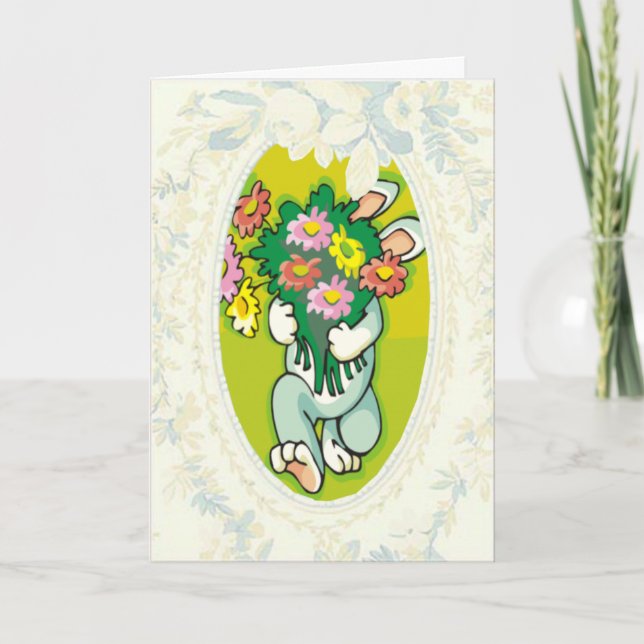 Tarjeta Festiva Bunny Bringing Bouquet Of Flowers Easter Card (Anverso)