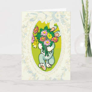 Tarjeta Festiva Bunny Bringing Bouquet Of Flowers Easter Card