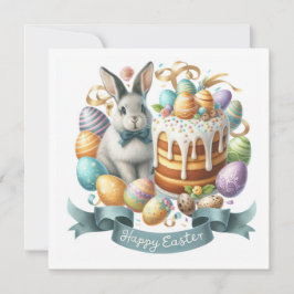 Tarjeta Festiva Bunny Cake Eggs Feliz Ilustracion de Pascua