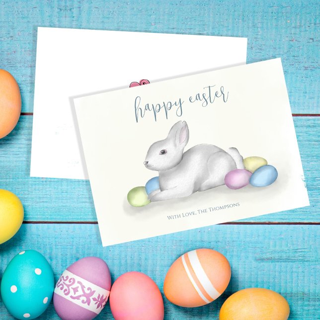 Tarjeta Festiva Bunny de color pastel de Pascua (Happy Easter greeting card with watercolor pastel easter eggs and bunny. )