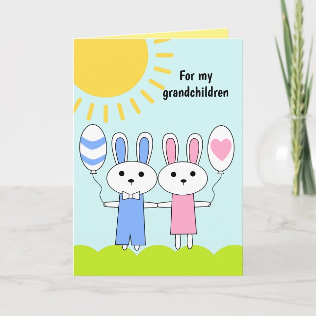Tarjeta Festiva Bunny De Pascua Azul Rosa Para Mis Nietos (Anverso)