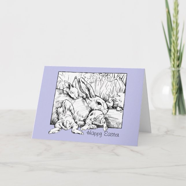 Tarjeta Festiva Bunny Family Easter Card, Azul (Anverso)